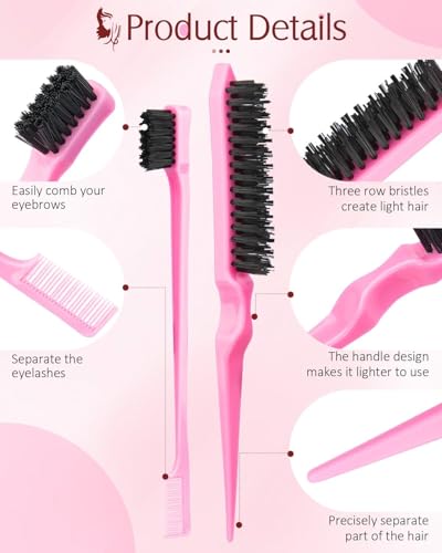 Hair Styling Tool Set 8 Pieces -4 Topsy hair Tail Tools 2 Rat Tail Combs, 1 Slick Back Hair Bristle Brush and 1 Edge Control Brush, Woman Girl Pink
