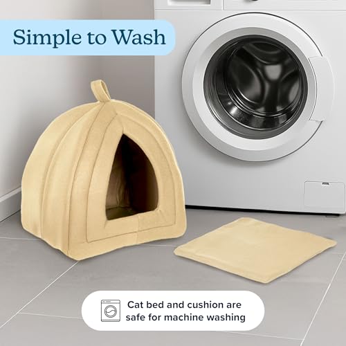 Cat House - Indoor Bed with Removable Foam Cushion - Pet Tent for Puppies, Rabbits, Guinea Pigs, Hedgehogs, and Other Small Animals by PETMAKER (Tan) | Plush Cat Tent Bed for Small Kittens, Rabbits, Guinea Pigs, and Other Small Animals, Comfortable Cozy P