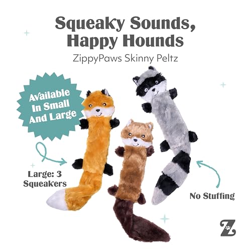 ZippyPaws Skinny Peltz No Stuffing Dog Toy Pack to Keep Them Busy - 18" | For Medium and Large Dogs, Squeaky Pet Toys, Unstuffed Chew Toys, Soft Plush Variety Pack, Fox, Raccoon, and Squirrel - style: Variety Pack - Large (3-pack)