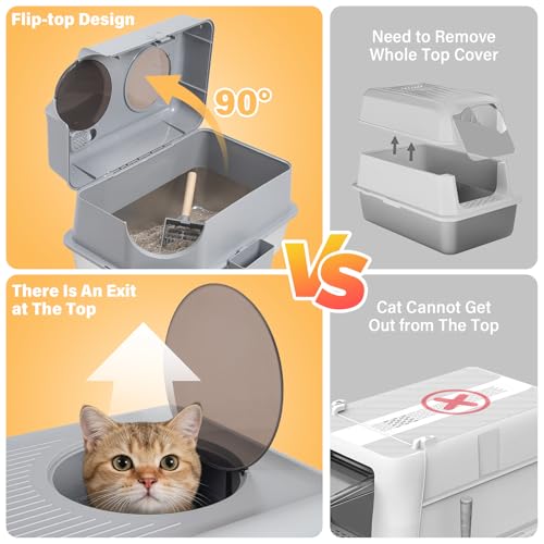 Stainless Steel Litter Box with Lid,XL Large Enclosed Cat Litter Box | Front & Top Entry Metal Litterbox, Odor Control,Anti-Leakage, Non-Sticky, Includes Mat&Scoop,23.8 x 15.8 x 15.8 inches - color: Enclosed