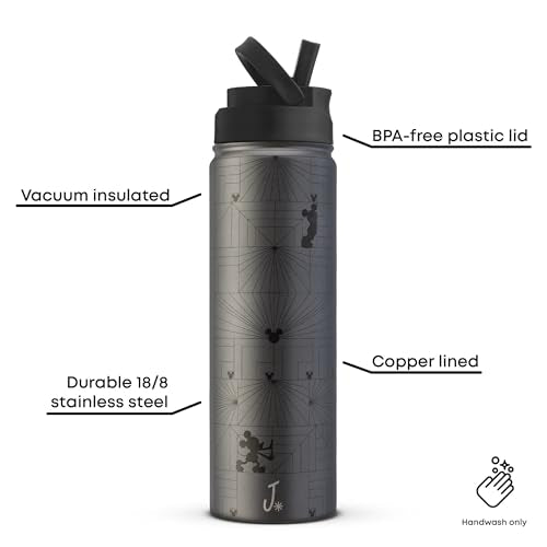 JoyJolt Disney MonoMouse Stainless Steel Water Bottle with Flip Straw Lid, 22 oz Vacuum Insulated Water Bottle, BPA-Free Tumbler ft Mickey Mouse | Black