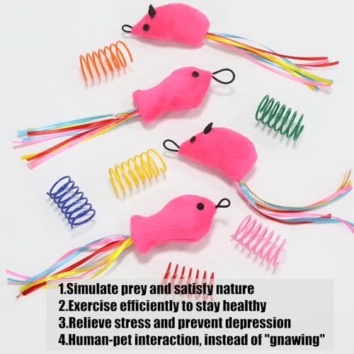 6 Pcs Cat Toys Catnip Interactive Fish and Mice Catnip Toys Plush Filled Pink Cats Toy Accessories with Ribbons for Indoor Cats Play&Chew Exercise with 6 Pcs Cat Springs - color: Fish&Mice