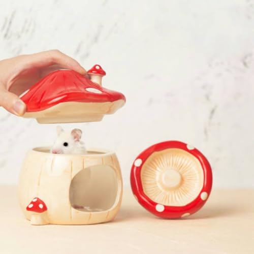 Ceramic Mushroom Hamster Hideout with Detachable Lid (Red) - Cute Hamster House, Habitat Decor for Dwarf Rabbits, Guinea Pigs, Chinchillas, and Small Pets
