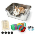 Stainless Steel Rabbit Litter Box with Hay Feeder & Sifting Grid | Bunny Litter Box Kit with Bowl & Tunnel, 6-Inch High Sides Help Reduce Mess, Low Entry for Easy Access, Grid for Drier Paws - size: S(15.8"×11.8"×5.9")