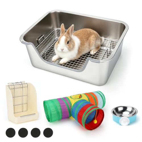 Stainless Steel Rabbit Litter Box with Hay Feeder & Sifting Grid | Bunny Litter Box Kit with Bowl & Tunnel, 6-Inch High Sides Help Reduce Mess, Low Entry for Easy Access, Grid for Drier Paws - size: M(17.7" × 13.8" × 5.9")