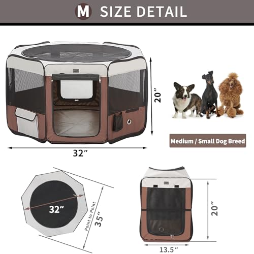 DONORO Dog Playpen Portable Pet Play Pens for Small Dog/Cat/Rabbit/Chicks, Cat Playpen Indoor/Outdoor with Carring Case, Removable Zipper Top and Bottom (Brown, Medium (35"x35"x20"), 8) - color: Brown, size: Medium (36"x36"x20")