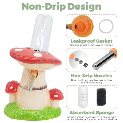 PINVNBY Hamster Water Bottle No Drip Ceramic Automatic Gerbil Water Bottle 80ML Water Dispenser with Mushroom Stand Holder for Gerbils Syrian Hamsters Dwarf Hamsters Mice (Red) - color: Red