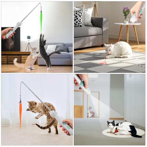 TBTeek Cat Toys Retractable Pole Wand Toy with Feather for Indoor Cats | with Light and 22" Retractable Pole with Feather,Rechargeable,5 Modes, 2in1 Interactive Wand Toy 3 Refills - size: 1pc red light with fish pole