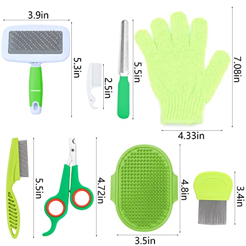 VCZONE 8 Pcs Small Animal Grooming Kit, Pink with Pet Nail Clipper and File, Flea Comb, Pet Shampoo Bath Brush, Pet Shedding Slicker Brush, Bath Massage Glove, Cleaning Comb (Green) - color: Green