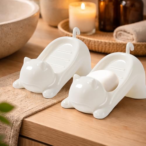 Cat Shape Soap Dish, Plastic Cute White Cat Soap Dish with Drainage Holes, Non-Slip Animal Sponge Holder Bathroom Storage Container for Bathroom, Sink, Tub Sink, Shower, Kitchen Counter