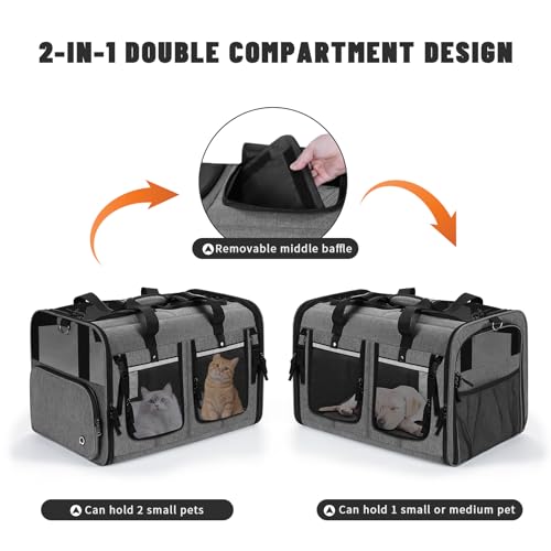 Cat Carrier for 2 Cats, Foldable Double Cat and Dog Carrier, Small to Medium Size, 2 Front Zippered Compartments,Two Pets Carrier for Travel,Mulitple Cat Carrier (Dark Gray with Flat Pocket) - color: Gray+ with Big Pocket