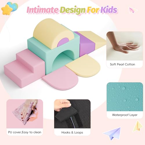 MU ‌Soft Climbing Toys for Toddlers, 7-Piece Baby Soft Foam Climbing Blocks, PU Leather Gym Climb and Crawl Activity Play Set, Indoor Climbing Toys for Kids and Children, Pink - color: Pink