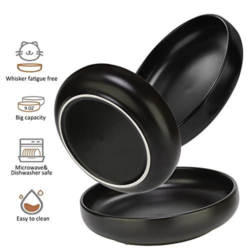 Ceramic Cat Bowls - Shallow Dishes for Food and Water, 6 Inch Matte Finish Wide Cat Food Bowl, Whisker Fatigue Free Pet Puppy Kitten Bowl Set of 3, Dishwasher Safe - color: Black-3pack