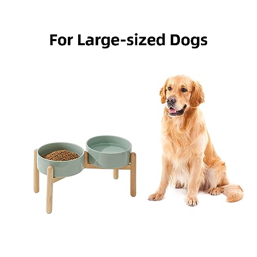 Havniva Elevated Dog Bowls Ceramic Dog Bowls with Stand, Dog Food Bowl | 8.3” Raised Dog Bowls with Non-Slip Wood Stand, Dog Food and Water Bowl Set, Double Dog Feeding Bowls for Large Dogs - color: 2 Bowls+Stand - Light Green, size: 8.3inch