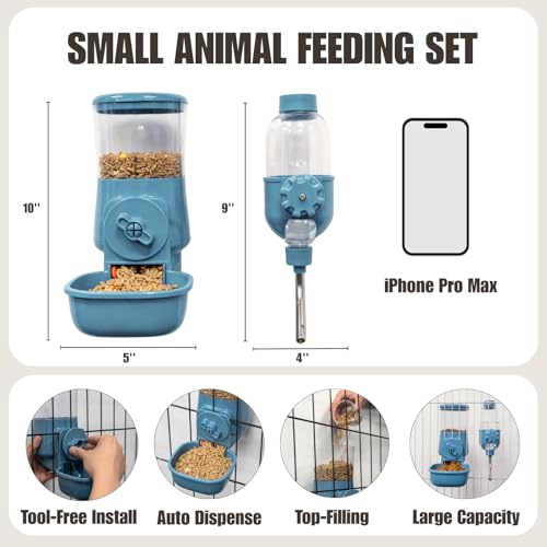 Automatic Pet Food Water Dispenser, Auto Gravity Pet Feeder Water Bottle Set for Crate Cage for Puppy Cat Rabbit Guinea Pigs Chinchilla Ferret Hedgehog (Blue) - color: Blue