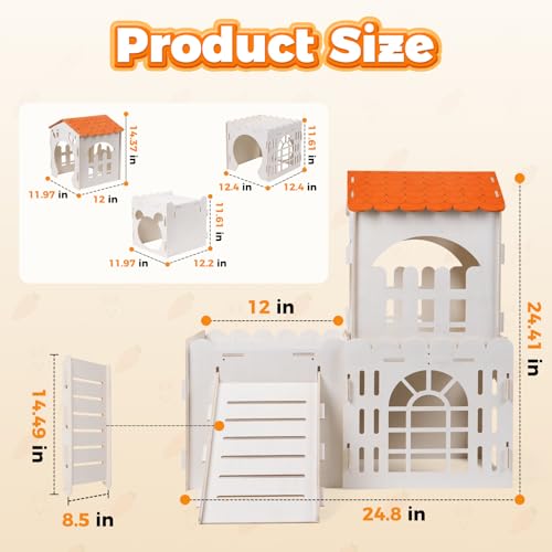 Large Rabbit House, Wooden Bunny Castle with 3 Houses Indoor, Rabbit Guinea Pig Cage Multistory Climbing Tower Sturdy Wooden Castle, Small Animal Hideaway Tunnel, Orange - size: 3 Houses-Orange