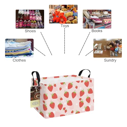 Rectangle Foldable Storage Basket Handles For Home, Pink Strawberry | Waterproof canvas material, reinforced handles, perfect for shelf use, organizes clothes, daily items and pet supplies - color: REC-Pink Strawberry