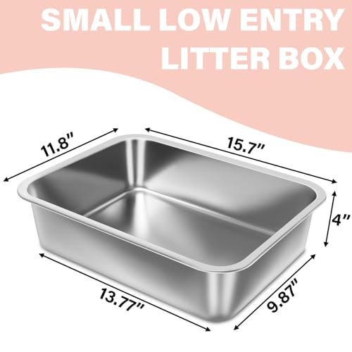 Stainless Steel Litter Box for Kitten, Small Litter Box 2 Pack | 15.7"×11.8"×4",Easy Entry, Non Odor, Easy to Clean, Metal Litterbox for Cat, Rabbit - size: 2 Pack-Small (15.7"×11.8"×4")