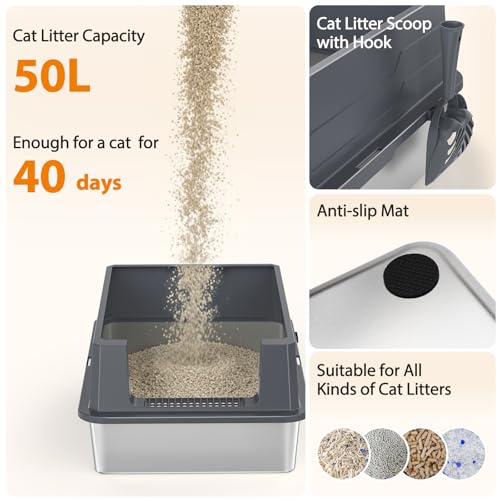 FURTIME Stainless Steel Cat Litter Box, Extra Large Cats Metal Litter Box | High-Sided Open-Top Easy-Clean Litter Pan for Multi-Cat Home, Non-Stick, Anti-Leakage, Comes with Scoop & Mat, 28"×20"×12.2" - color: Grey, size: XXX-Large