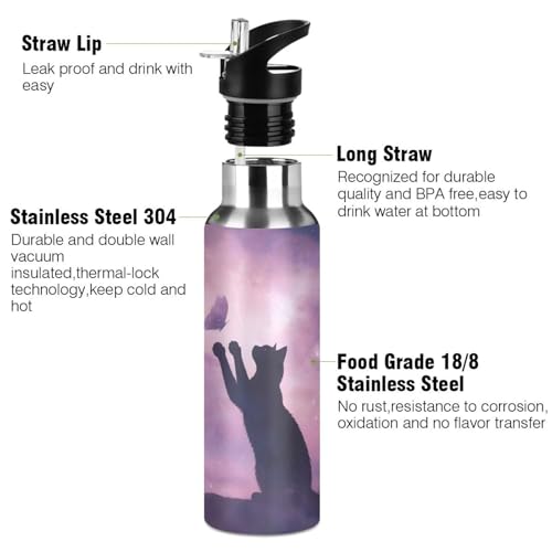 Cat Water Bottle for Kids Cat Stainless Steel Water Bottle with Straw Lid Cats Theme Purple Galaxy Flask Leakproof for School 20 oz - color: Purple1