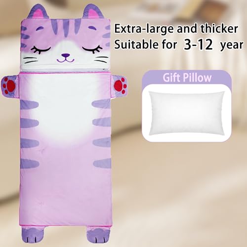 Wizland Sleeping Bag for Kids,Portable Daycare Nap Mat -61.8"×28.3" for 3 4 5 6 7 8 - color: Kid Cat Sleeping Bag+Pillow