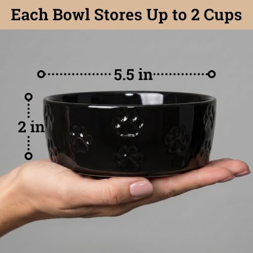 Ceramic Dog Bowl Set of 2 with Anti-Skid Base, 5.5"W x 2"H, 2 Cup Capacity | Thick Ceramic, Dishwasher Safe, Anti-Skid Rubber Base, 2 Cups per Bowl, Ceramic Food and Water Bowls Set of 2 for Small Dogs - color: Black, size: Small