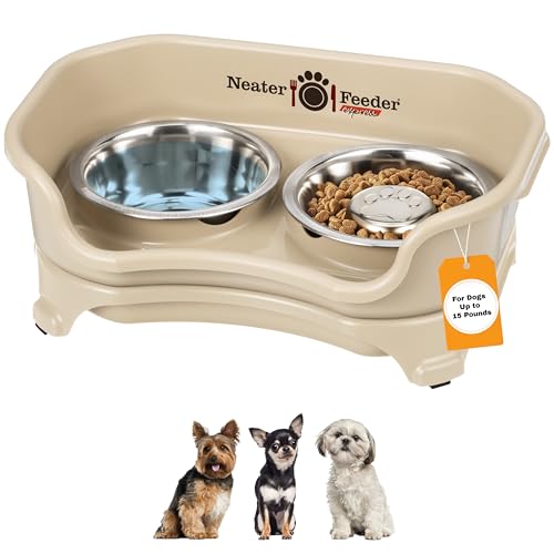 Neater Feeder Express Mess Proof Dog Bowls Elevated for Small Breed – Made in USA – No Spill Raised Slow Feeder Elevated Dog Bowl Stand, Stainless Steel Food and Water Bowl Set, Almond - color: Almond, size: Small w/ Metal Slow Feed Bowl