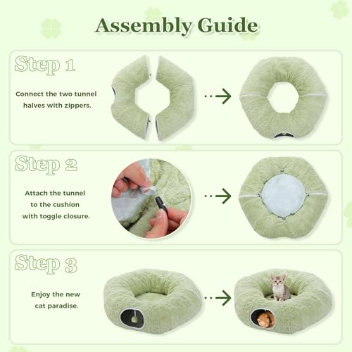 PEQULTI Cat Tunnel with Bed for Indoor Cats, Cat Play Donut Tunnel with Washable Soft Plush Mat, Round Tube Toys Cute Tube for Kittens, Puppies, Rabbits and Ferrets, Green - color: Green