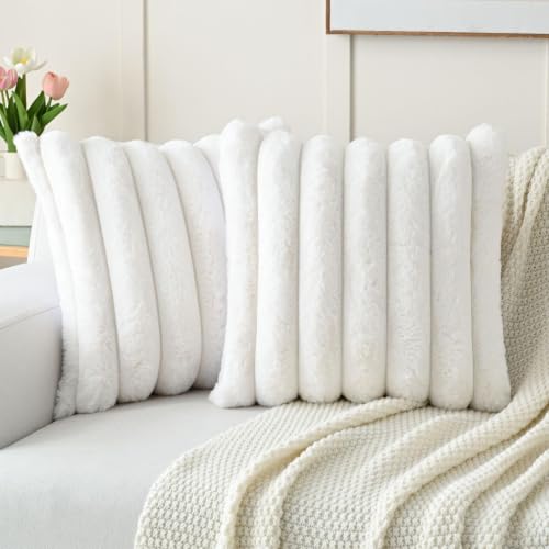 FUTEI Pack of 2 Faux Rabbit Fur Throw Pillow Covers 16x16 Inch, Cream White | Luxury Plush Texture, Striped Design, Cozy Soft Touch, Non-Shedding, Modern Home Decorative for Sofa Living Room Couch Bed - color: Cream White, size: 16" x 16" (Pack of 2)