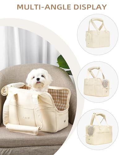 ONECUTE Dog Carrier for Small Dogs Rabbit cat with Large Pockets, Cotton Bag, Dog Carrier Soft Sided, Collapsible Travel Puppy Carrier (Beige, 17" L x 7.5" W x 12" H) - color: Beige, size: 17.0"L x 7.5"W x 12.0"H