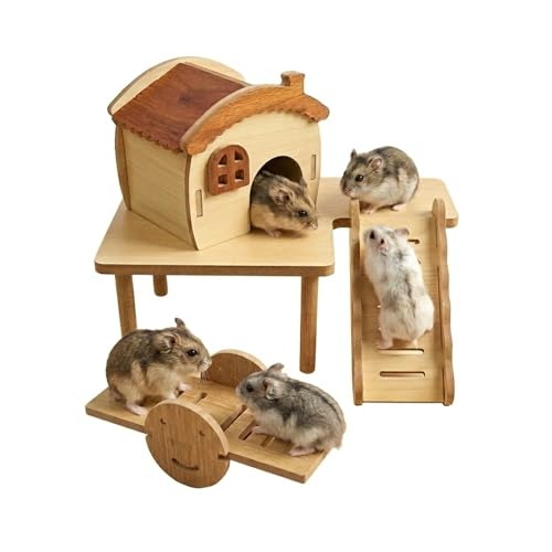 3 Pcs Wooden Hamster Platform and House Set,Hamster Game Climbing Toy With Platform,Wooden Hideaway House,Activity Seesaw,Small Animal Fun Activity Space For Syrian Hamsters, Gerbils, Mice - color: Wooden Platform and House Set