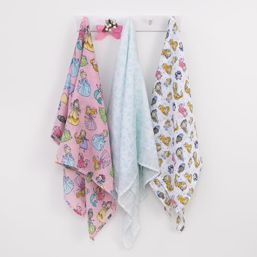 Disney Princesses Pink, Aqua, Lavender, Green, and White 3 Piece Muslin Swaddle Baby Blanket Set - color: Princesses Pink, Aqua, Lavender, Green
