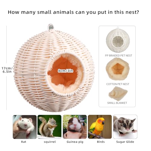 PP Rattan Rat Hammock with Removable Cotton nest, Suitable for Guinea Pigs, Sugar Gliders, Hamsters, Parrots in All Seasons (White) - color: White