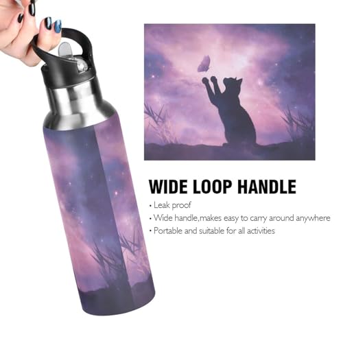 Cat Water Bottle for Kids Cat Stainless Steel Water Bottle with Straw Lid Cats Theme Purple Galaxy Flask Leakproof for School 20 oz - color: Purple1