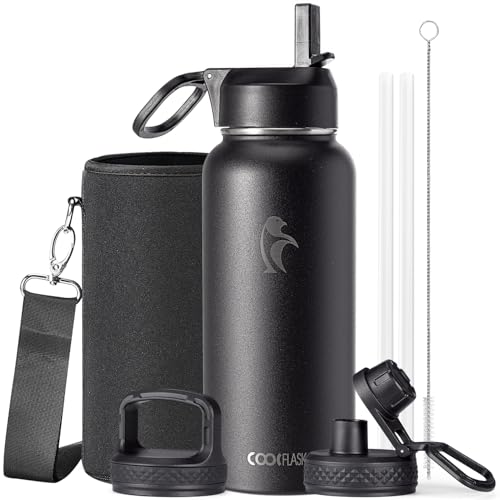 Coolflask 32 oz Water Bottle Insulated with Straw & 3 Leakproof Lids | Water Flask Stainless Steel Triple-Wall Vacuum,Cold 48+h, Dishwasher Safe,Wide Mouth,BPA-Free,Carrier Bag,for Gym,Hiking - color: Magic Black, size: 32 Ounces