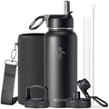 Coolflask 32 oz Water Bottle Insulated with Straw & 3 Leakproof Lids | Water Flask Stainless Steel Triple-Wall Vacuum,Cold 48+h, Dishwasher Safe,Wide Mouth,BPA-Free,Carrier Bag,for Gym,Hiking - color: Magic Black, size: 32 Ounces