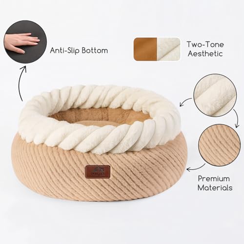 Hollypet Round Cat Bed Small Dog Beds with Detachable Cushion, Oatmeal | Cat Bed for Indoor Cats Washable Fluffy Small Dog Bed Cozy Plush Pet Beds with Non-Slip Bottom for Pets up to 22 lbs - color: Oatmeal and White