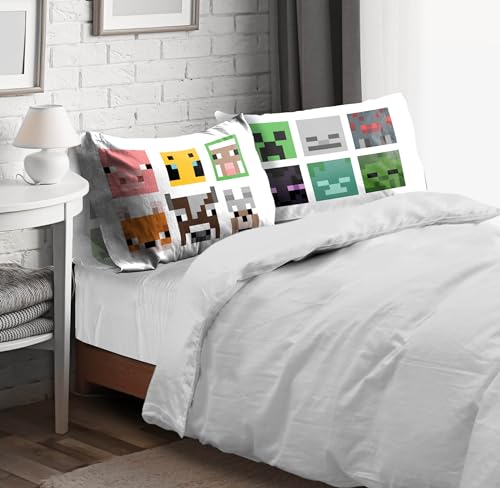 Sunny Side Up Minecraft Mobs & Animals 2 Pack Reversible Pillowcases - Double Sided Pillow Covers, Kids Super Soft Creeper Bedding - color: White - Minecraft