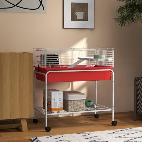 PawHut Two-Story Small Animal Cage Removable from Stand, Guinea Pig Cage with Shelf & Wheels, Pet Habitat for Hedgehog, Chinchilla, Ferret, 33" x 18.5" x 35", Red | Removable from Stand, Guinea Pig Cage, Pet Habitat for Hedgehog, Chinchilla, Ferret - colo