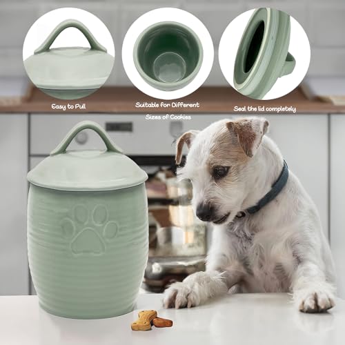 Large Dog Treat Container Airtight, Cute Dog Treat Jar with Lids,Rustic Dog Treat Storage Container, Ceramic Cat Food Jars for Kitchen Counter, Green | Large Capacity Doggie Cookie Jar for Countertop, Airtight Lid Keep Food Fresh, Sturdy Durable, Cute Paw