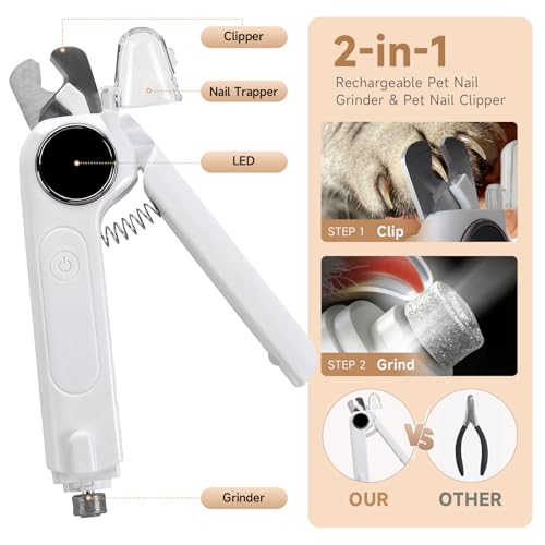 2-in-1 Dogs Cats Nail Electric Clipper & Grinder Quiet, Pet Nail Trimmers | Electric Nail Clippers with Light for Large Medium Small Dog & Cat, 3 Speed Grinder Nail Clipping Safety Guard Rechargeable