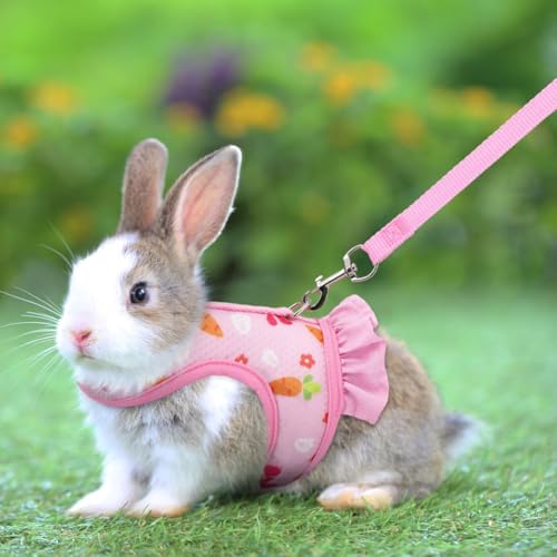 Bunny Harness and Leash, Rabbit Harnesses Guinea Pig Clothes Ferret, Pink S | Soft Mesh Vest Set Escape-Proof Cute Carrot Pattern for Rats Hamster Chinchilla Small Animals Cat Kitten Puppy - color: Pink, size: S (neck:5.5"-7.1" chest:7.1"-9.4")