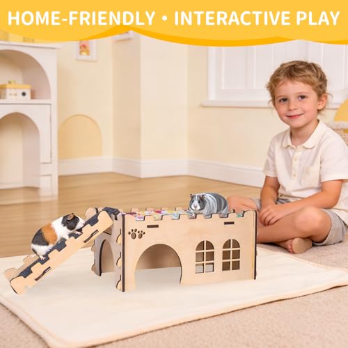 2-Story Guinea Pig Hideout Castle, Easy Assemble Thick Wood with Ramp | Large 2-Story Castle | 7mm Thick Pine Wood (40% Thicker) | Full Round Corner | Freely Mountable Ramp, Modular & Washable Pad