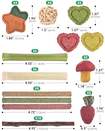 ERKOON 53 Bunny Chew Toys for Rabbits Teeth, Natural Rabbit Toys Apple Wood Sticks, Carrot, Timothy Grass for Small Pets, Hamster, Chinchilla, Guinea Pig Dental Care and Treat Teething(53) - size: 53