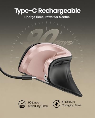 ProtoArc EM11 NL Wireless Ergonomic Mouse, Rechargeable, Black Pink | 58° vertical design supports a natural wrist posture, connect 3 devices via Bluetooth/2.4G USB-A, 500mAh USB-C rechargeable. - color: Black Pink