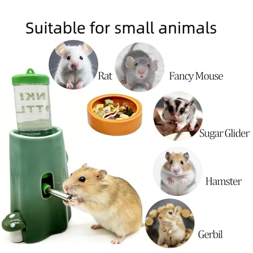 Hamster Water Bottle Adjustable Ceramic Hamster Water Dispenser No Drip Feeder with Food Bowl for Mice Rats Hedgehog Chinchilla Gerbil - color: Green