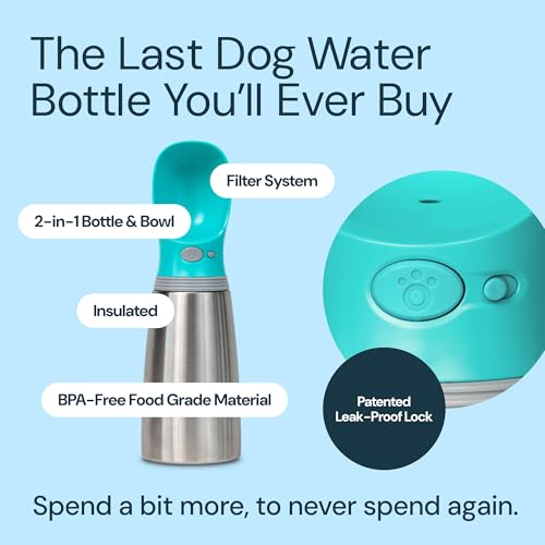 MalsiPree Insulated Dog Water Bottle - 24 oz Blue, Stainless Steel | 24oz insulated steel bottle & bowl - leak-proof - Use for dog travel, hiking, park & beach days - color: Blue, size: 24oz - Insulated