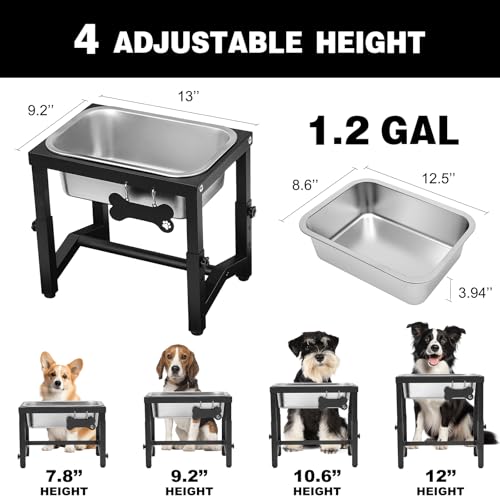 1.2 Gallon Elevated Large Dog Water Bowl, 4 Adjustable Height 7.8'',9.2'',10.6'',12''Raised Stainless Steel Bowl Stand for Small/Medium/Large Breed, Metal Dog Feeding Station for Relief Joint Pressure - size: 1.2 gallon