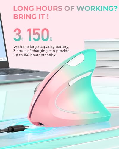 Lekvey Ergonomic Mouse, Rechargeable Wireless Vertical Mouse, Pink Green | USB-C Charging, 2.4G Wireless, 1000/1200/1600 DPI, Quiet Click, 6 Buttons, Carpal Tunnel Mouse, for Laptop, PC, Computer, Mac - color: Pink Green