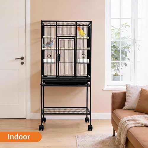 Spacious Flight Bird Cage with Rolling Stand & Storage Shelf - Durable Wrought Iron Parrot Home w/Play Top & Bowls - Easy Clean, Ideal for Parakeets, Cockatiels, Conures - size: 25.4"L x 19.7"W x 5.9"H